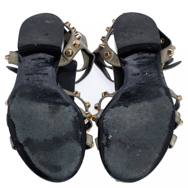 Pre Owned Balenciaga Grey Leather Arena Studded Gladiator Flat Sandals Size 39