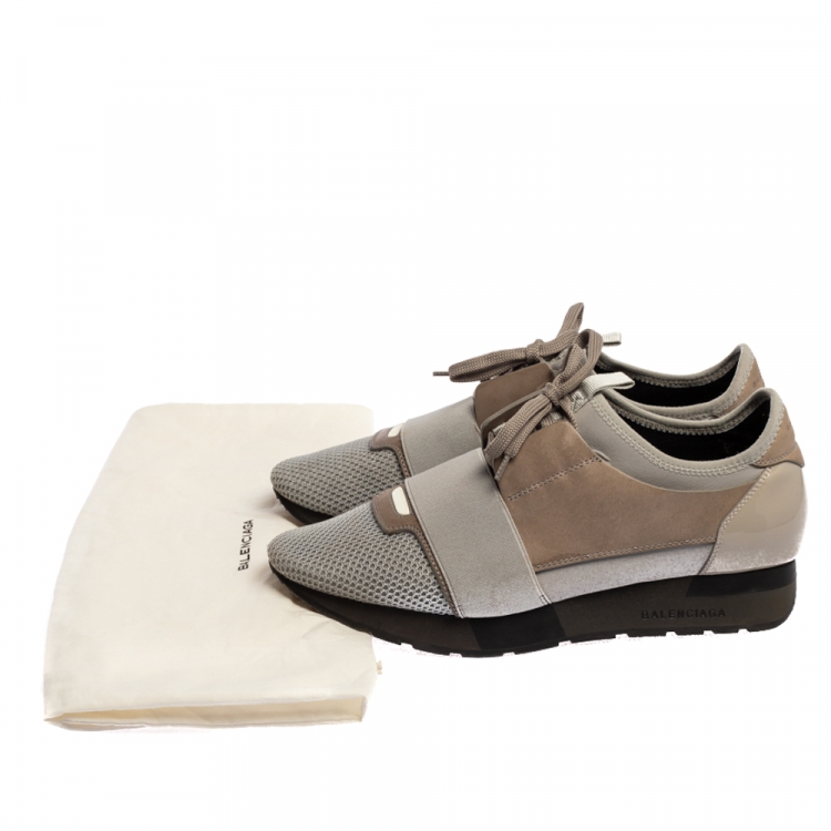 Pre Owned Balenciaga Grey Leather And Mesh Race Runner Low Top Sneakers Size 39
