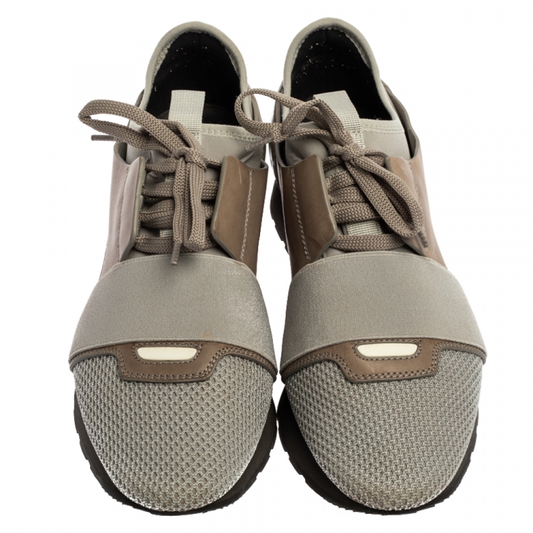Pre Owned Balenciaga Grey Leather And Mesh Race Runner Low Top Sneakers Size 39