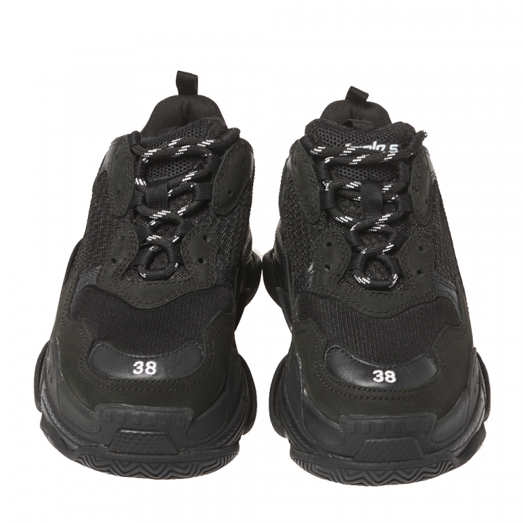 Pre Owned Balenciaga Black Leather And Mesh Triple S Sneakers Size 38