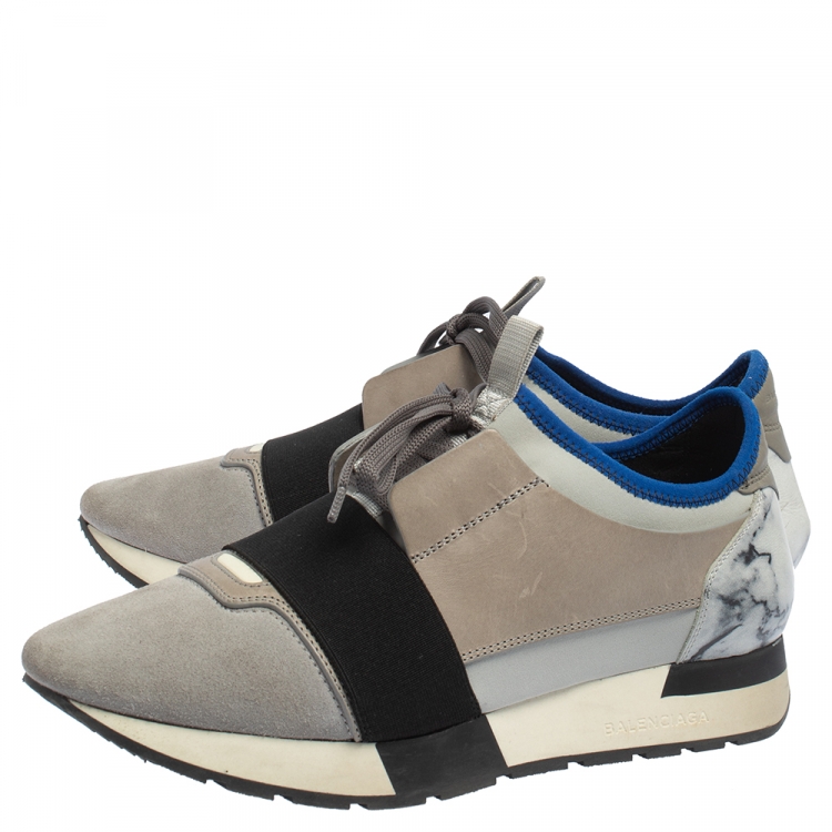 Pre Owned Balenciaga Grey/Blue Leather, Suede Race Runner Marble Sneakers Size 39
