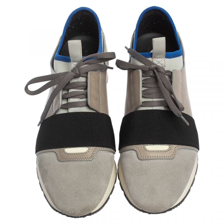 Pre Owned Balenciaga Grey/Blue Leather, Suede Race Runner Marble Sneakers Size 39
