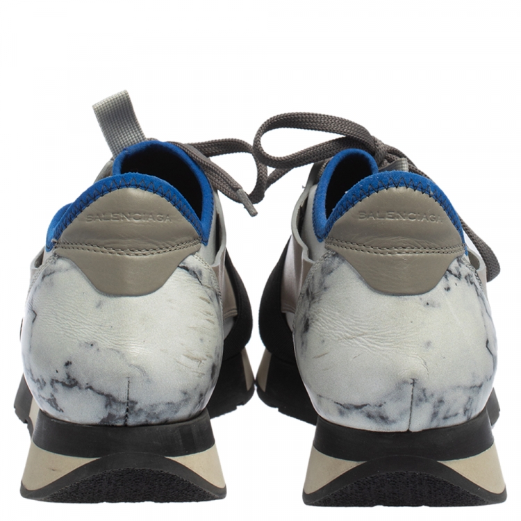 Pre Owned Balenciaga Grey/Blue Leather, Suede Race Runner Marble Sneakers Size 39