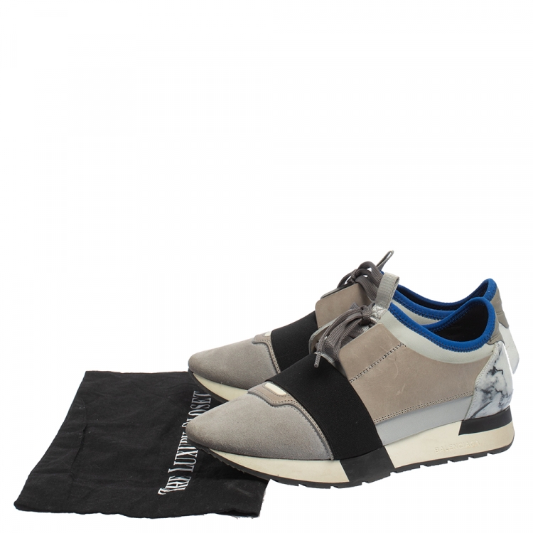 Pre Owned Balenciaga Grey/Blue Leather, Suede Race Runner Marble Sneakers Size 39