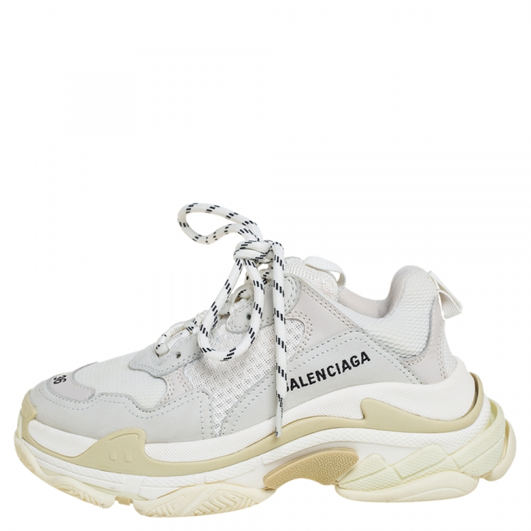 Pre Owned Balenciaga White/Beige Mesh And Nubuck Leather Triple S Low Top Sneakers Size 36