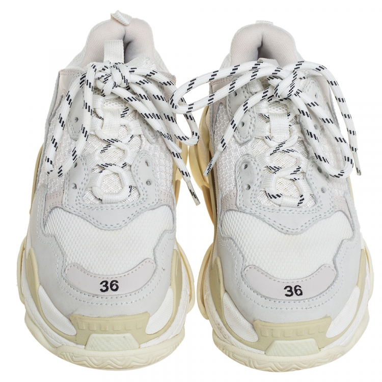 Pre Owned Balenciaga White/Beige Mesh And Nubuck Leather Triple S Low Top Sneakers Size 36