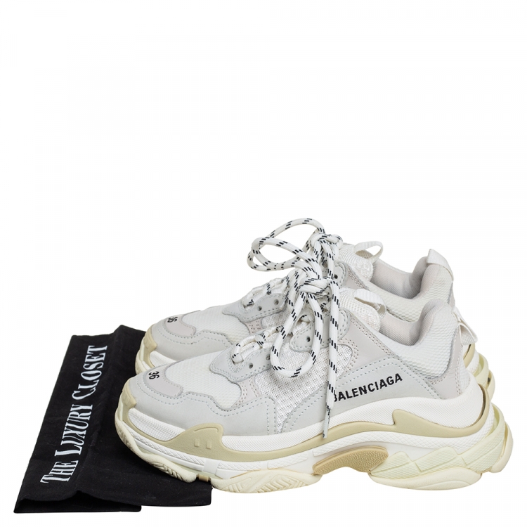 Pre Owned Balenciaga White/Beige Mesh And Nubuck Leather Triple S Low Top Sneakers Size 36
