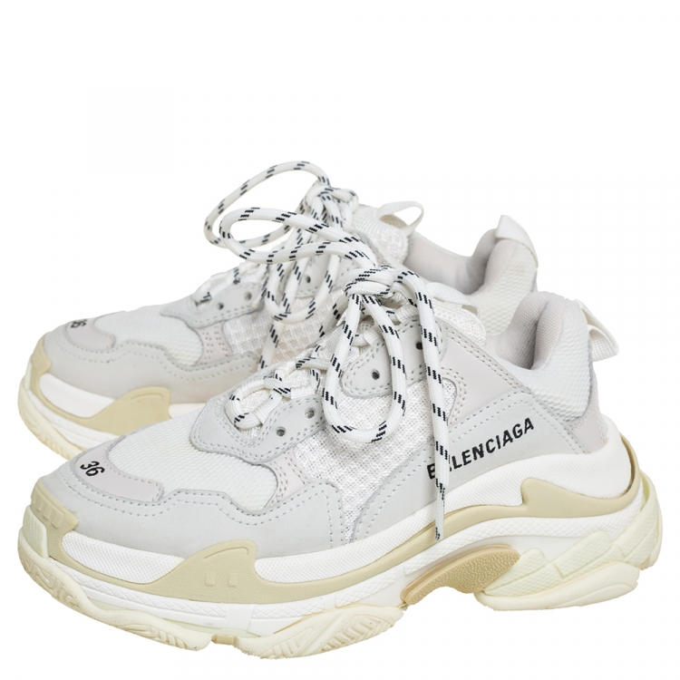Pre Owned Balenciaga White/Beige Mesh And Nubuck Leather Triple S Low Top Sneakers Size 36