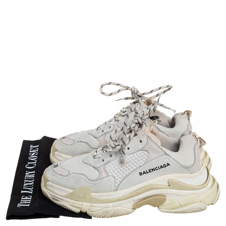 Pre Owned Balenciaga White/Grey Leather And Mesh Triple S Low Top Sneakers Size 38