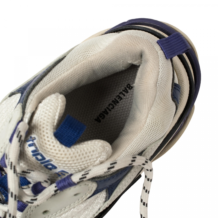 Pre Owned Balenciaga White/Blue Leather and Mesh Triple S Clear Sole Sneakers Size EU 38