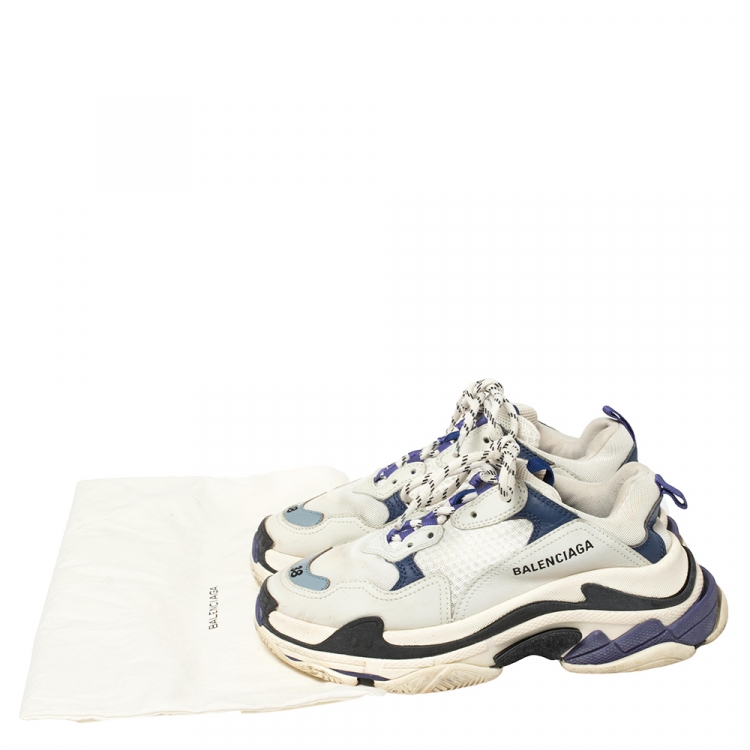 Pre Owned Balenciaga White/Blue Leather and Mesh Triple S Clear Sole Sneakers Size EU 38