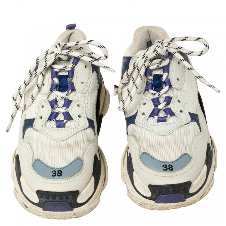 Pre Owned Balenciaga White/Blue Leather and Mesh Triple S Clear Sole Sneakers Size EU 38