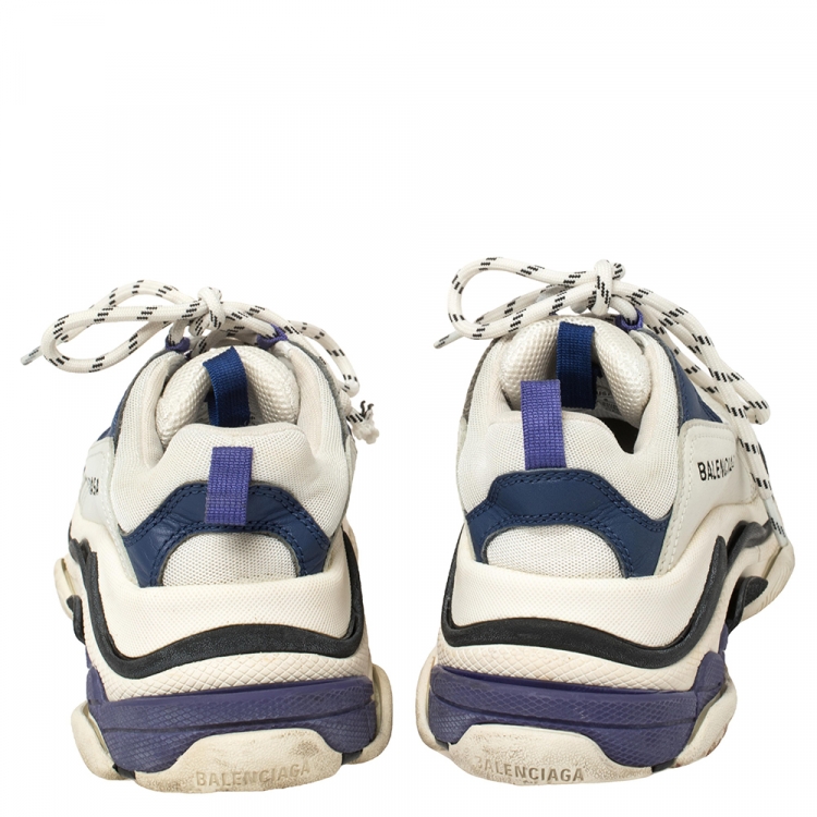 Pre Owned Balenciaga White/Blue Leather and Mesh Triple S Clear Sole Sneakers Size EU 38