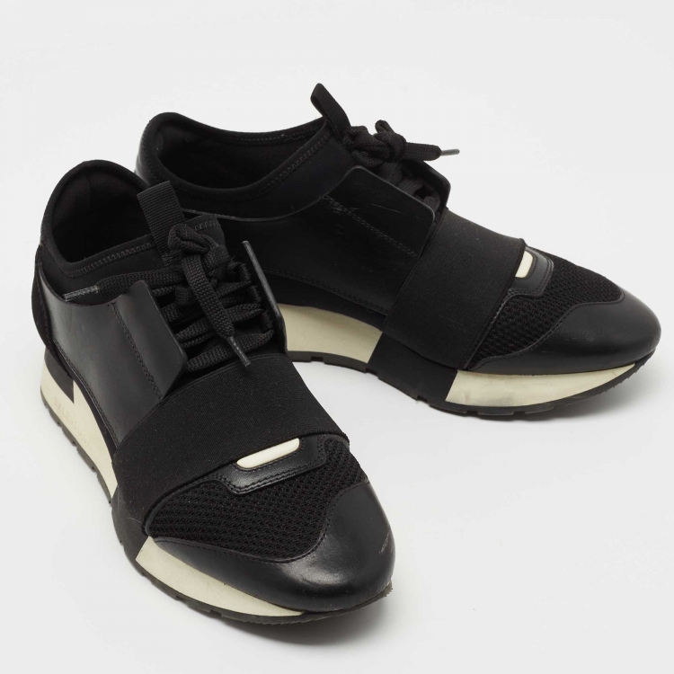 Pre Owned Balenciaga Black Leather and Suede Race Runner Sneakers Size 37