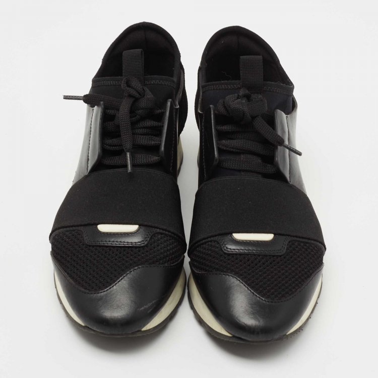 Pre Owned Balenciaga Black Leather and Suede Race Runner Sneakers Size 37