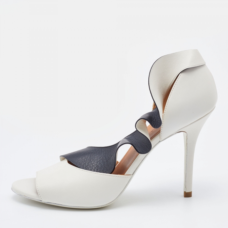 Pre Owned Balenciaga White/Black Leather Ruffle Trim D'Orsay Pumps Size 38