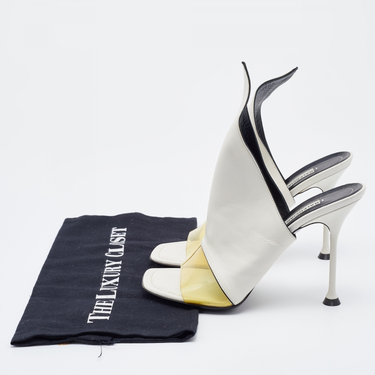 Pre Owned Balenciaga White Leather and PVC Glove Open Toe Mules Size 37