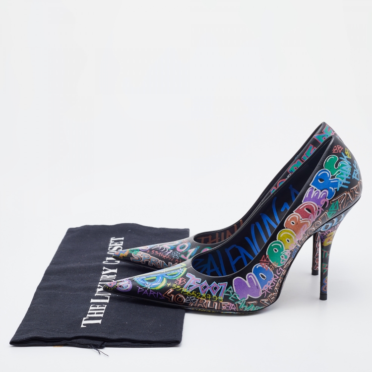 Pre Owned Balenciaga Black Leather Graffiti Print BB Pointed Toe Pumps Size 38