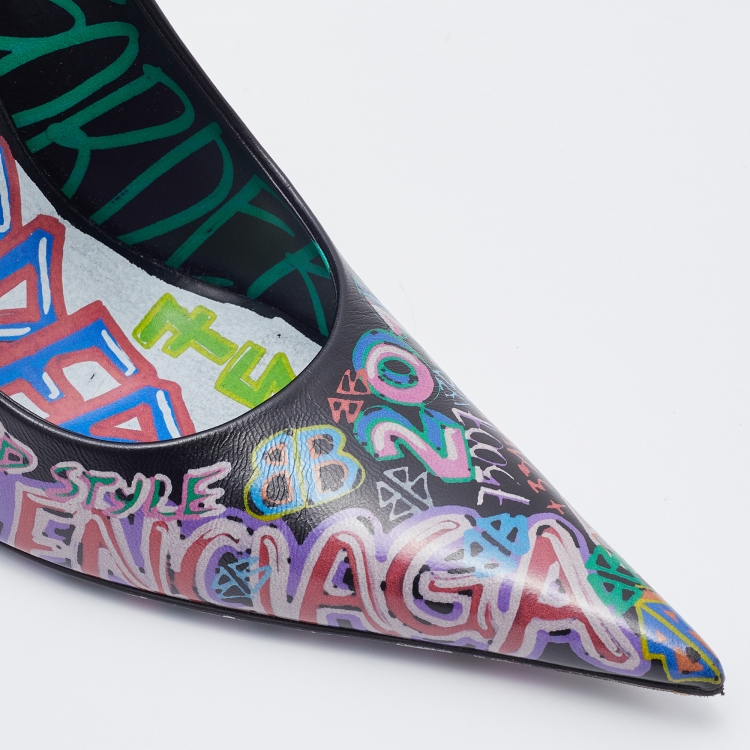Pre Owned Balenciaga Black Leather Graffiti Print BB Pointed Toe Pumps Size 38