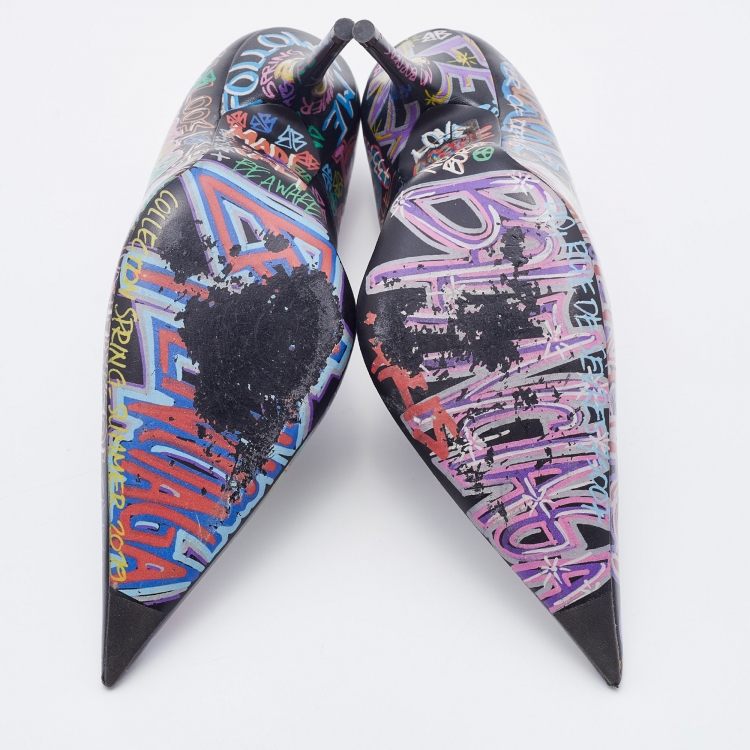 Pre Owned Balenciaga Black Leather Graffiti Print BB Pointed Toe Pumps Size 38