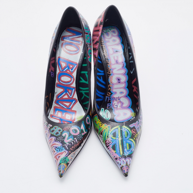 Pre Owned Balenciaga Black Leather Graffiti Print BB Pointed Toe Pumps Size 38