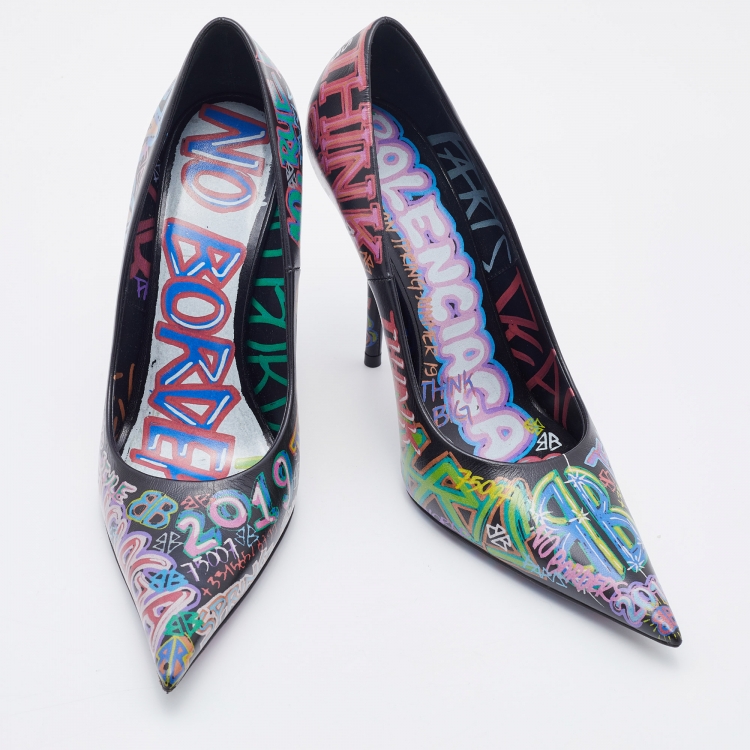 Pre Owned Balenciaga Black Leather Graffiti Print BB Pointed Toe Pumps Size 38