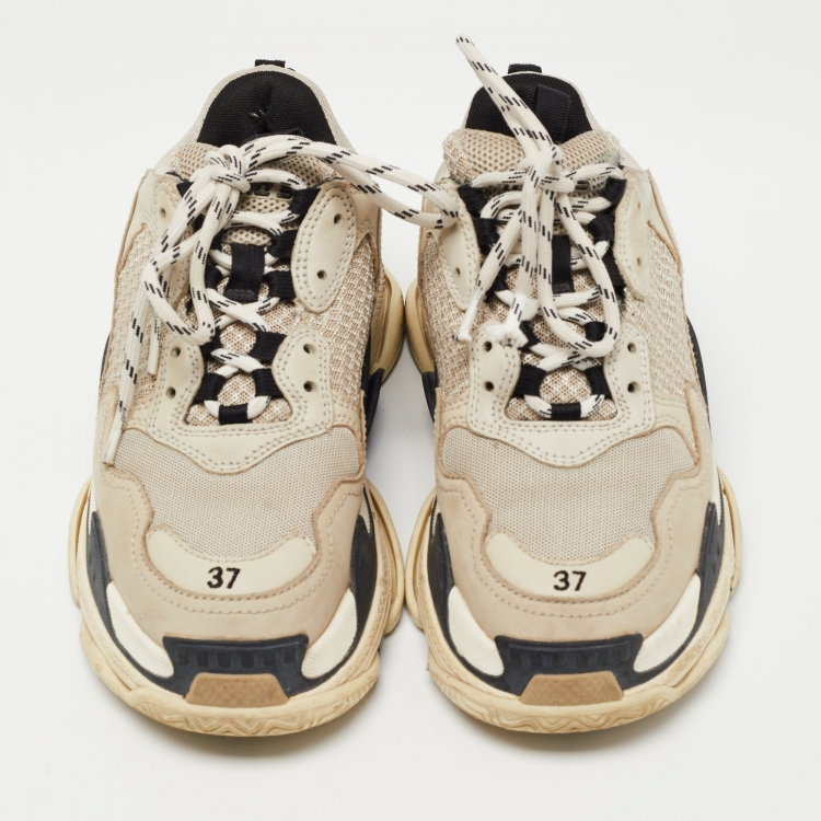 Pre Owned Balenciaga Grey Mesh and Leather Triple S Sneakers Size 37
