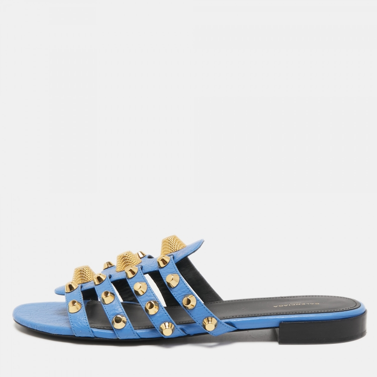 Pre Owned Balenciaga Blue Leather Arena Flat Slides Size 41