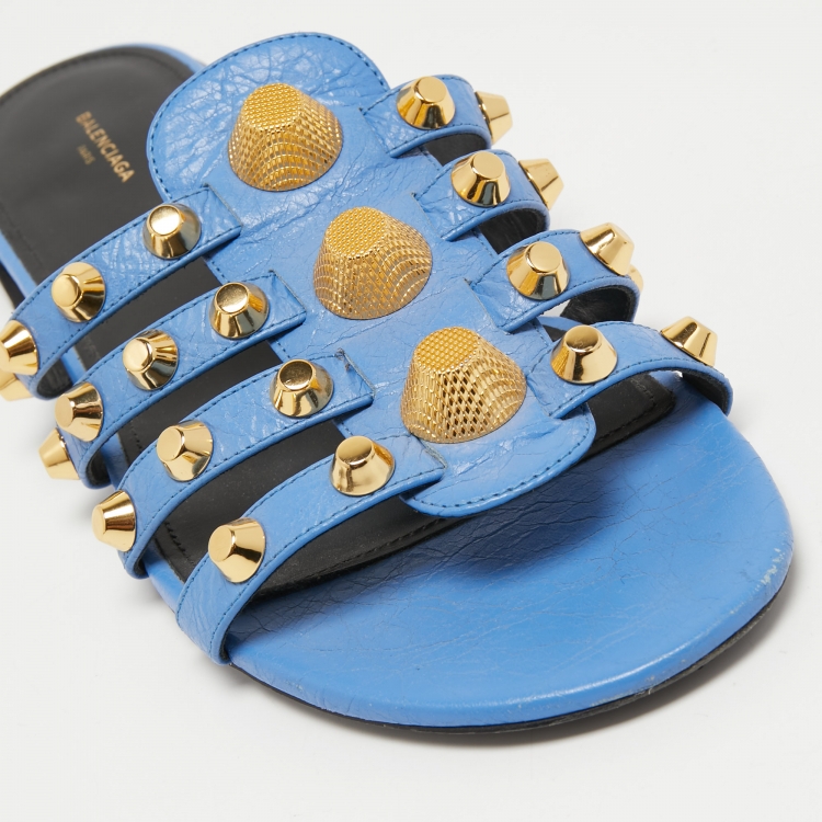 Pre Owned Balenciaga Blue Leather Arena Flat Slides Size 41