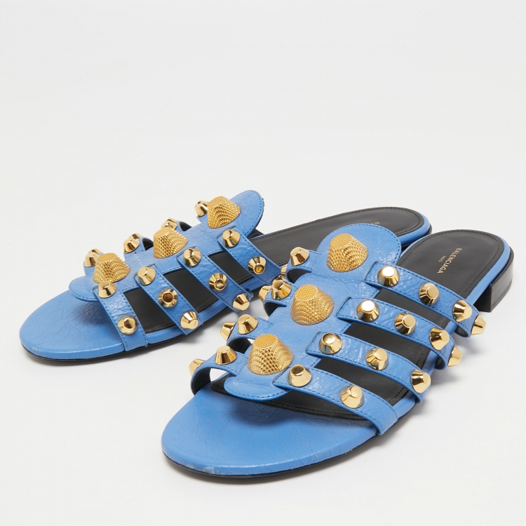 Pre Owned Balenciaga Blue Leather Arena Flat Slides Size 41
