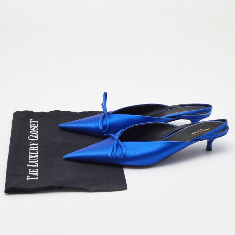 Pre Owned Balenciaga Blue Satin Bow Knife Slingback Pumps Size 39