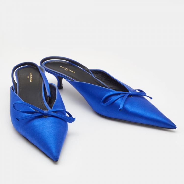 Pre Owned Balenciaga Blue Satin Bow Knife Slingback Pumps Size 39