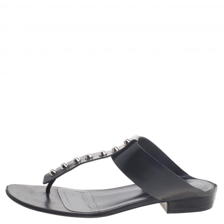Pre Owned Balenciaga Black Leather Studded T-Strap Sandals Size 39