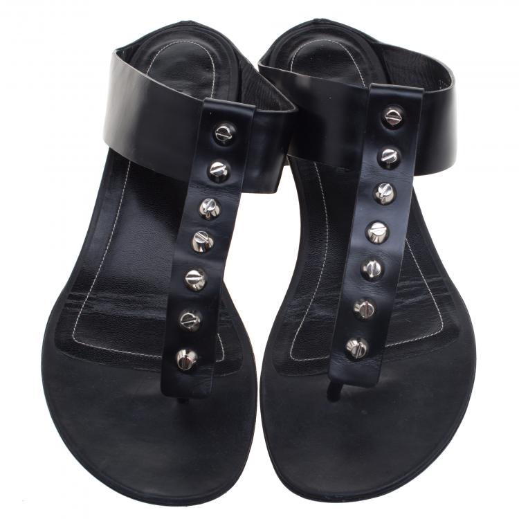 Pre Owned Balenciaga Black Leather Studded T-Strap Sandals Size 39
