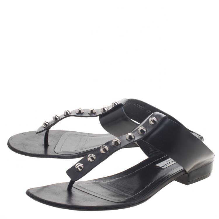 Pre Owned Balenciaga Black Leather Studded T-Strap Sandals Size 39