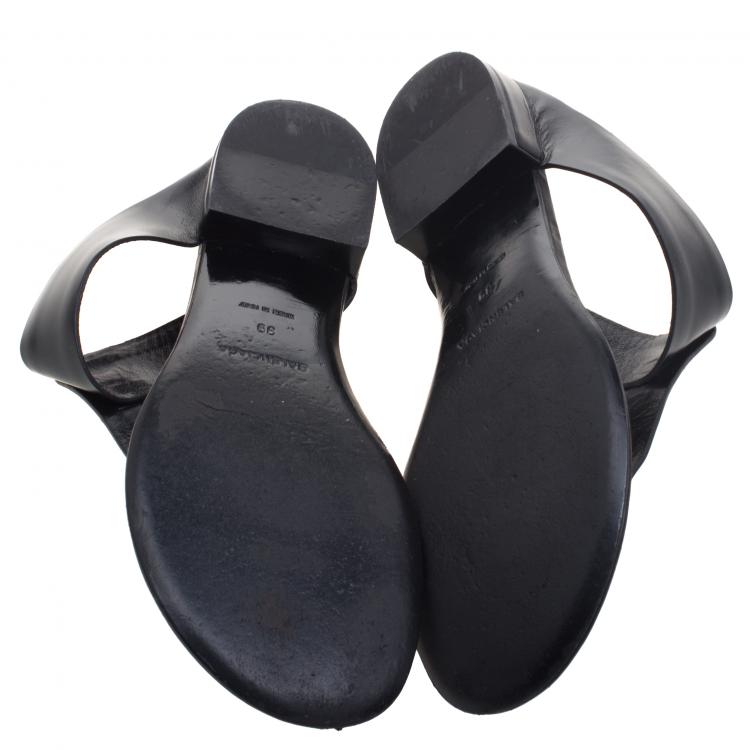 Pre Owned Balenciaga Black Leather Studded T-Strap Sandals Size 39