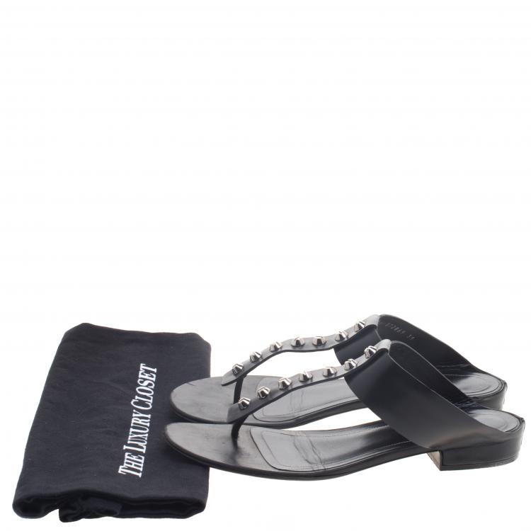 Pre Owned Balenciaga Black Leather Studded T-Strap Sandals Size 39