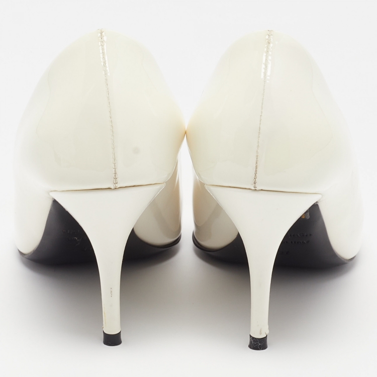 Pre Owned Balenciaga White Patent Leather BB Pointed Pumps Size 37