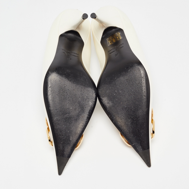 Pre Owned Balenciaga White Patent Leather BB Pointed Pumps Size 37