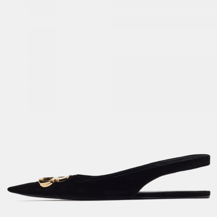 Pre Owned Balenciaga Black Velvet BB Slingback Flats Size 38