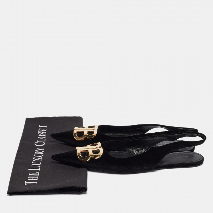 Pre Owned Balenciaga Black Velvet BB Slingback Flats Size 38