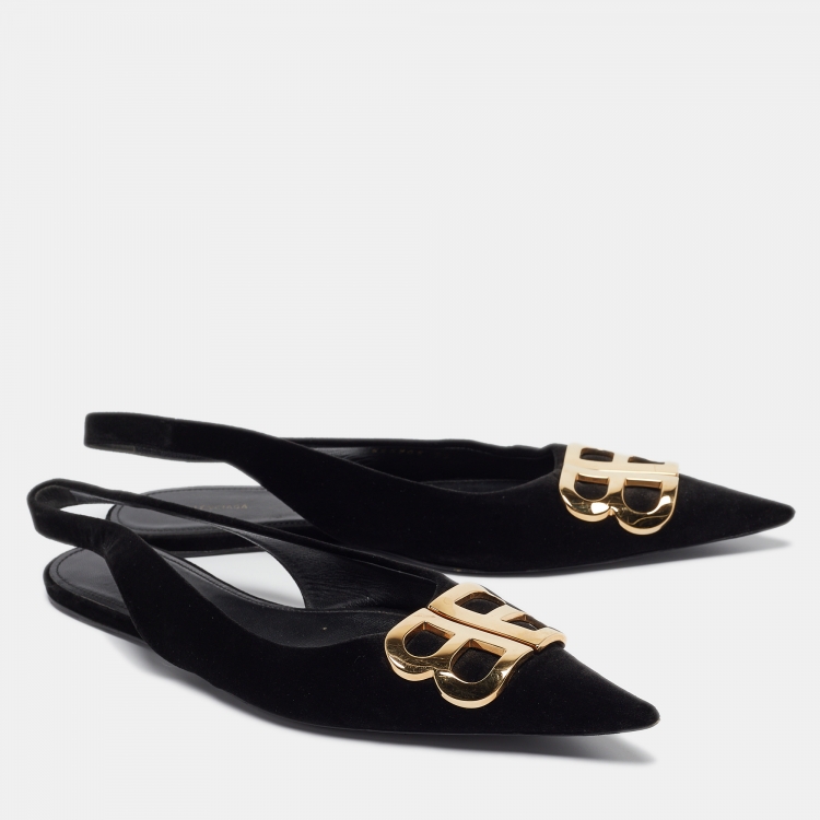 Pre Owned Balenciaga Black Velvet BB Slingback Flats Size 38