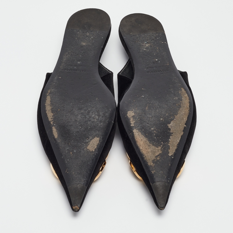 Pre Owned Balenciaga Black Velvet BB Slingback Flats Size 38