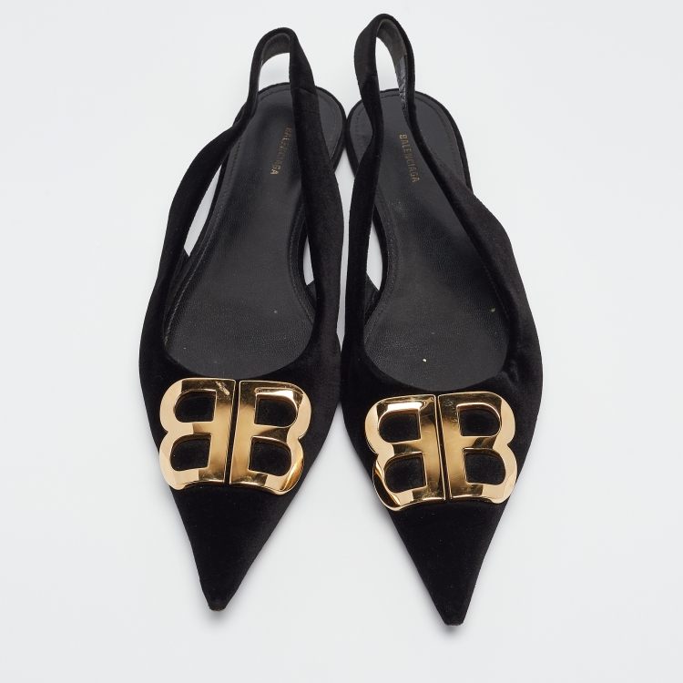 Pre Owned Balenciaga Black Velvet BB Slingback Flats Size 38