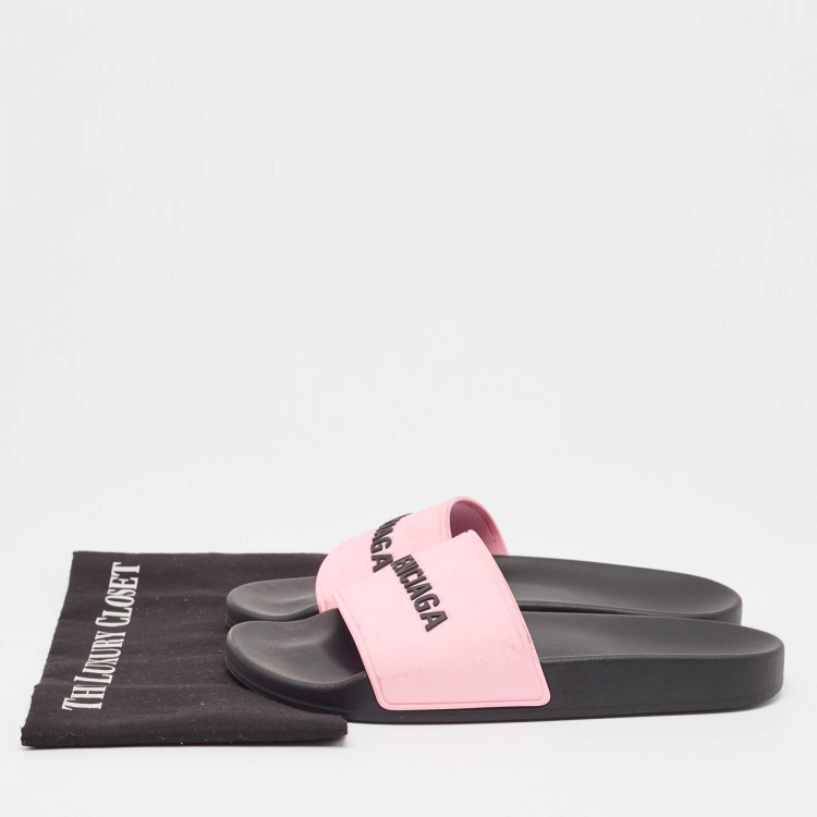Pre Owned Balenciaga Black/Pink Logo Rubber Pool Slides Size 40