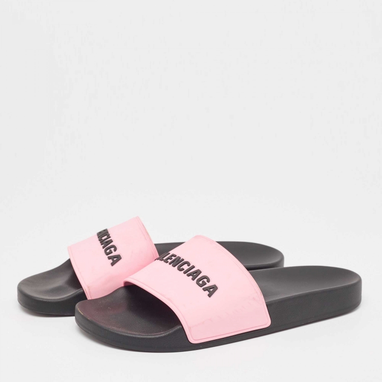 Pre Owned Balenciaga Black/Pink Logo Rubber Pool Slides Size 40