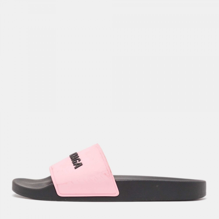 Pre Owned Balenciaga Black/Pink Logo Rubber Pool Slides Size 40