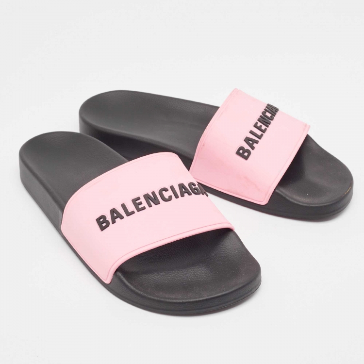 Pre Owned Balenciaga Black/Pink Logo Rubber Pool Slides Size 40