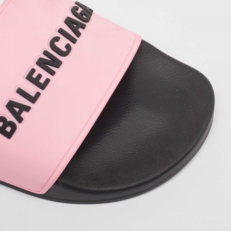 Pre Owned Balenciaga Black/Pink Logo Rubber Pool Slides Size 40