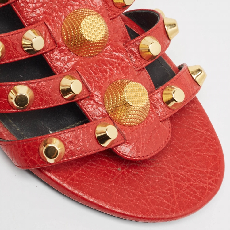 Pre Owned Balenciaga Red Leather Studded Arena Flat Slides Size 41